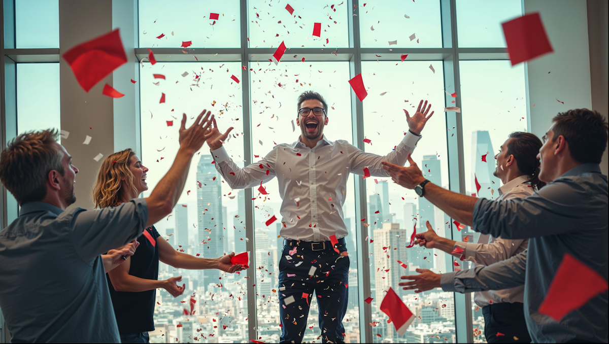 Team celebrating in office with confetti